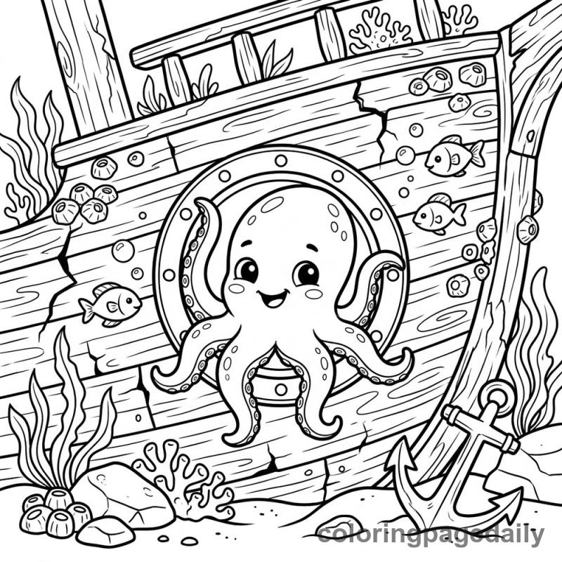 Baby Kraken Sunken Ship - Daily printable coloring page in Mythical Creature category