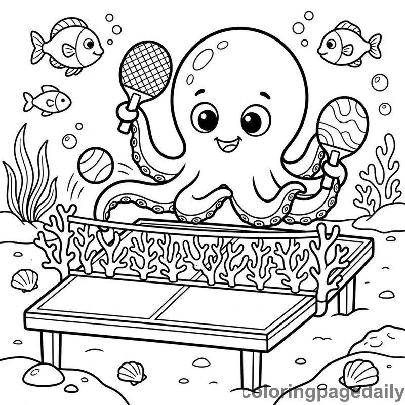 Baby Kraken Table Tennis - Daily printable coloring page in Mythical Creature category