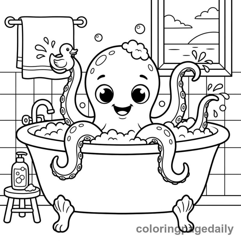 Baby Kraken Takes a Bubble Bath - Daily printable coloring page in Mythical Creature category