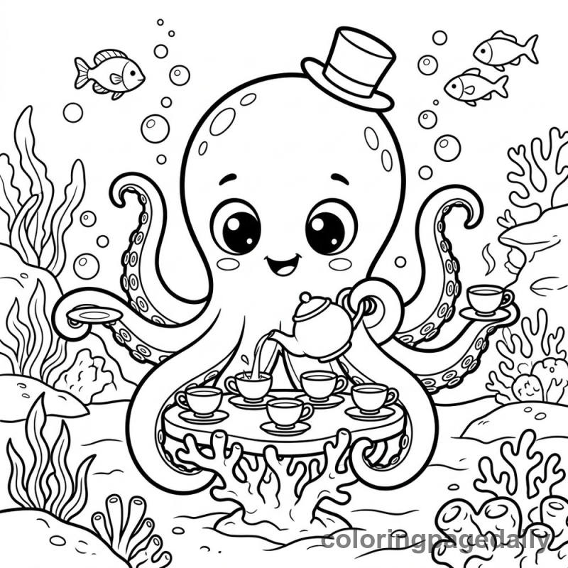 Baby Kraken's Tea Party - Daily printable coloring page in Mythical Creature category