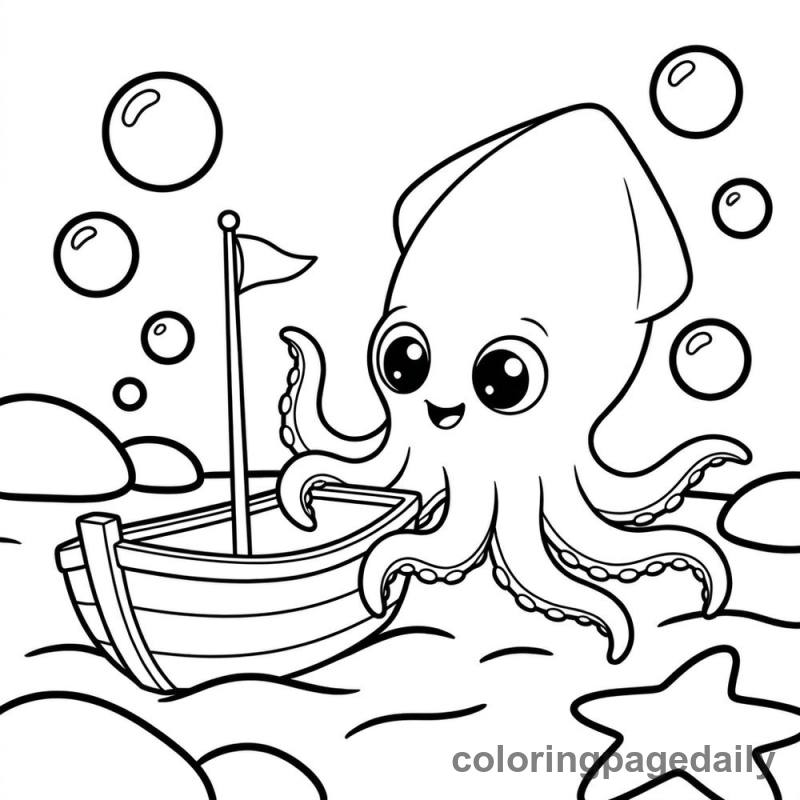 Baby Kraken Toy Boat - Daily printable coloring page in Mythical Creature category