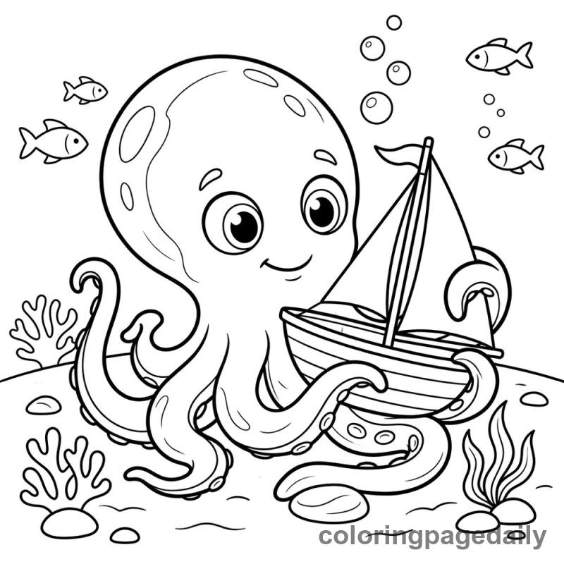 Baby Kraken's Favorite Toy - Daily printable coloring page in Mythical Creature category