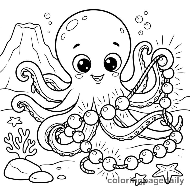 Baby Kraken Untangles Pearls - Daily printable coloring page in Mythical Creature category