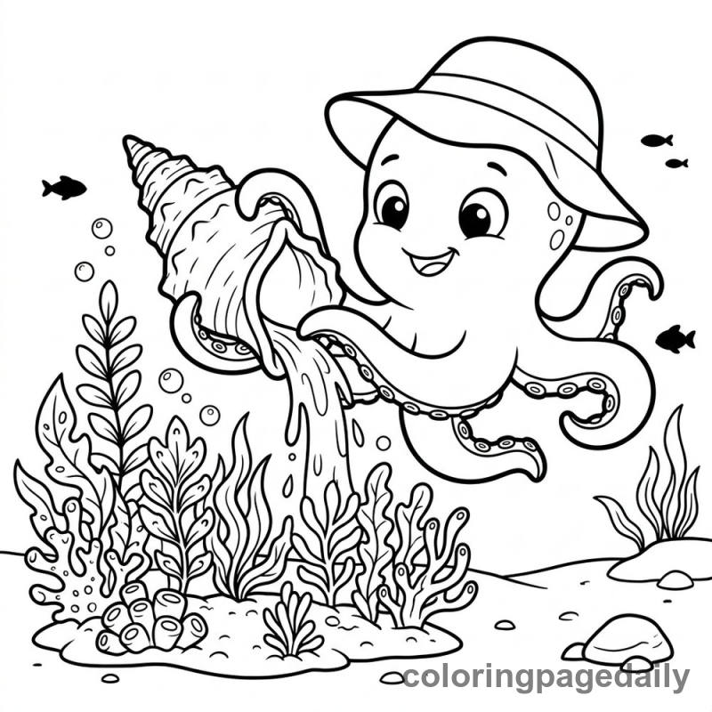 Baby Kraken Watering Kelp - Daily printable coloring page in Mythical Creature category