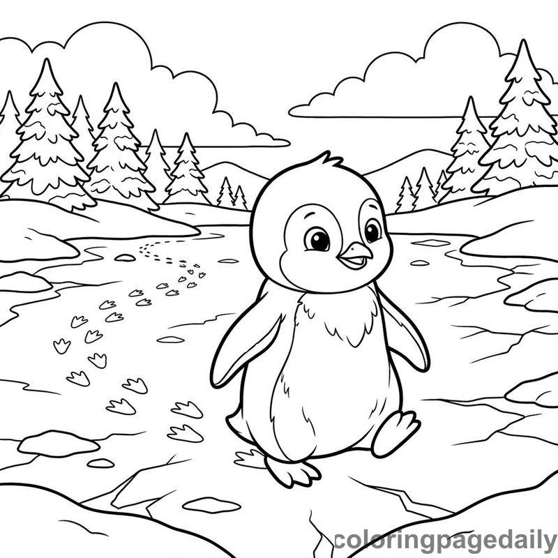 Baby Penguin Snow Footprints - Daily printable coloring page in Winter and Snow Season category