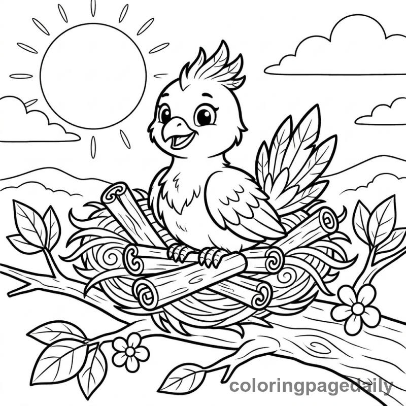 Pip the Phoenix and His Magical Cinnamon Nest - story illustration coloring page