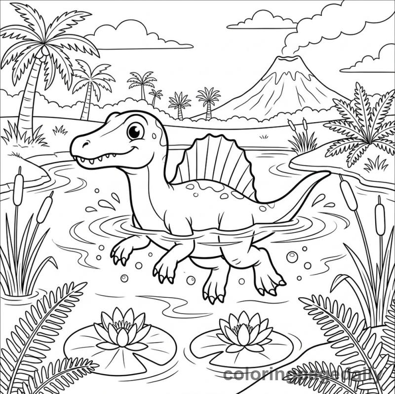 Baby Spinosaurus Swimming - Daily printable coloring page in Dinosaur category