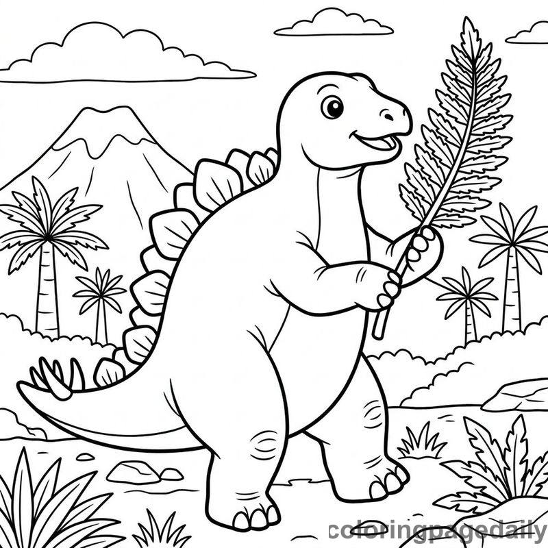 Baby Stegosaurus Fanning Leaf - Daily printable coloring page in Dinosaur category