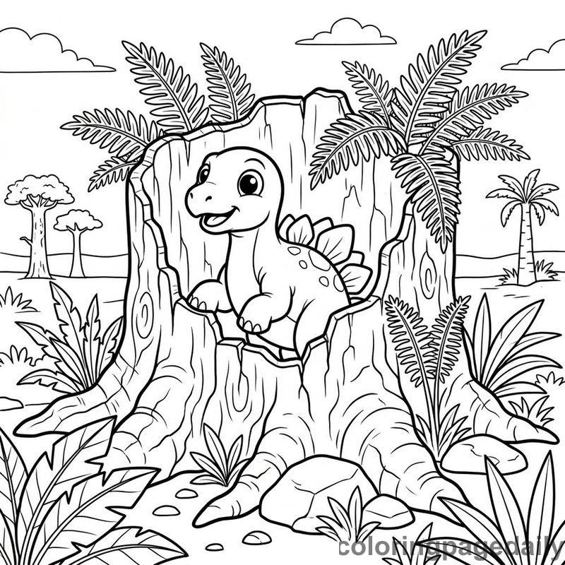 Baby Stegosaurus In Fern Stump - Daily printable coloring page in Dinosaur category