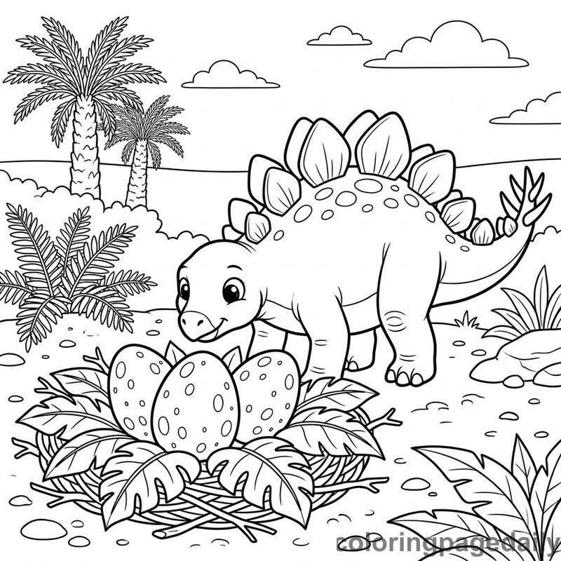 Baby Stegosaurus Sniffing Eggs - Colored reference example