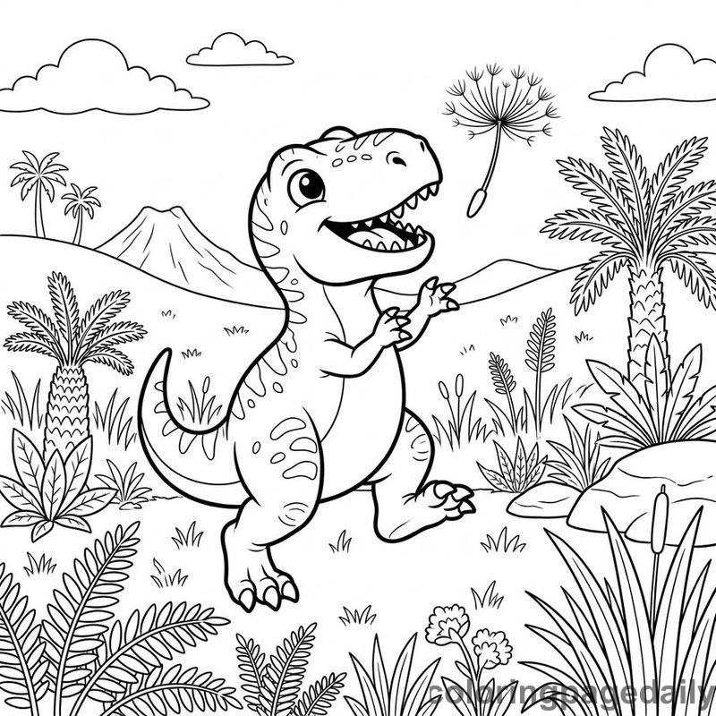 Baby T-Rex Catching Dandelion - Colored reference example
