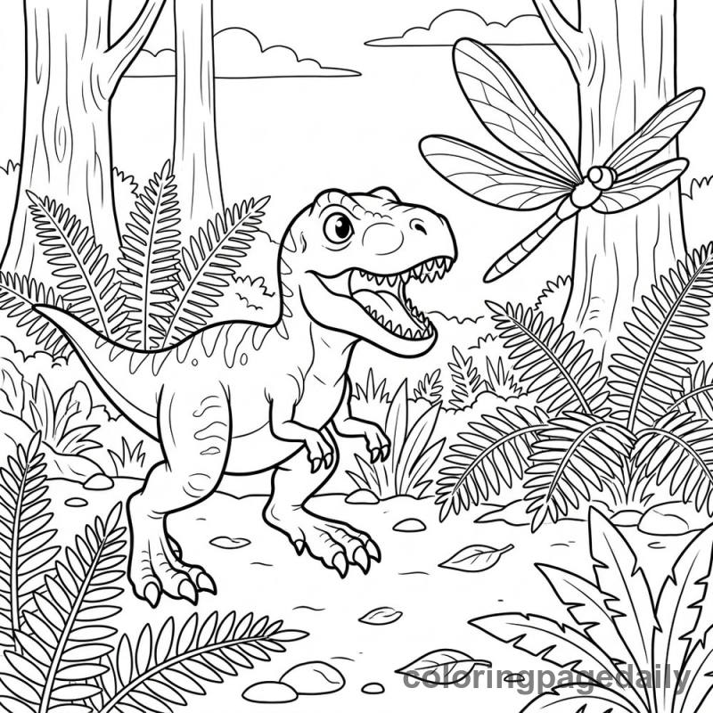 Baby T-Rex Chase - Daily printable coloring page in Dinosaur category