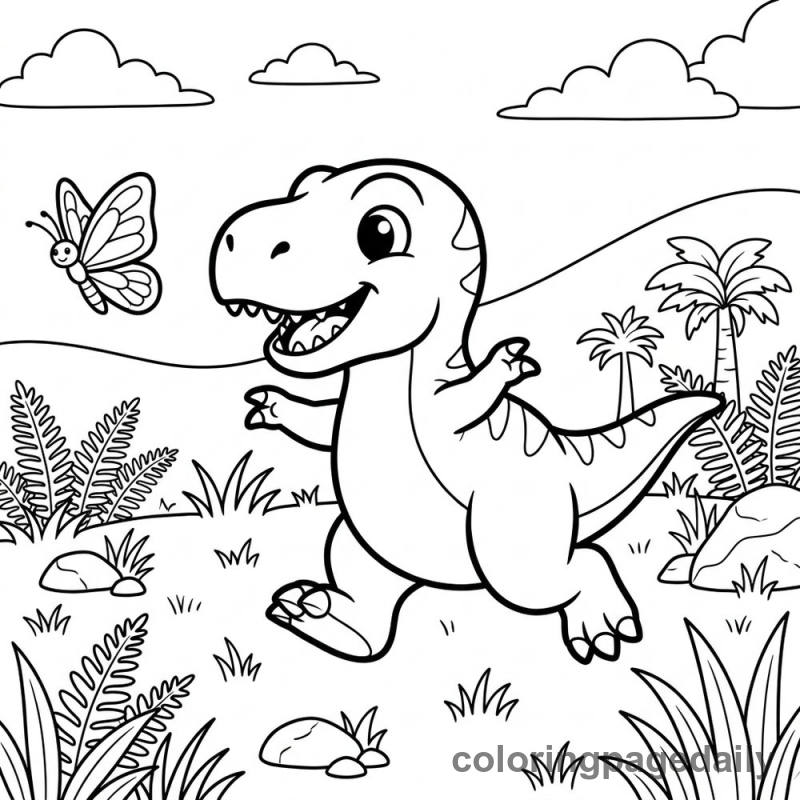 Baby T-Rex Chase - Daily printable coloring page in Dinosaur category
