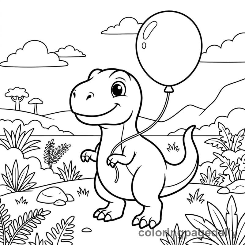 Baby T-Rex Holding Balloon - Daily printable coloring page in Dinosaur category