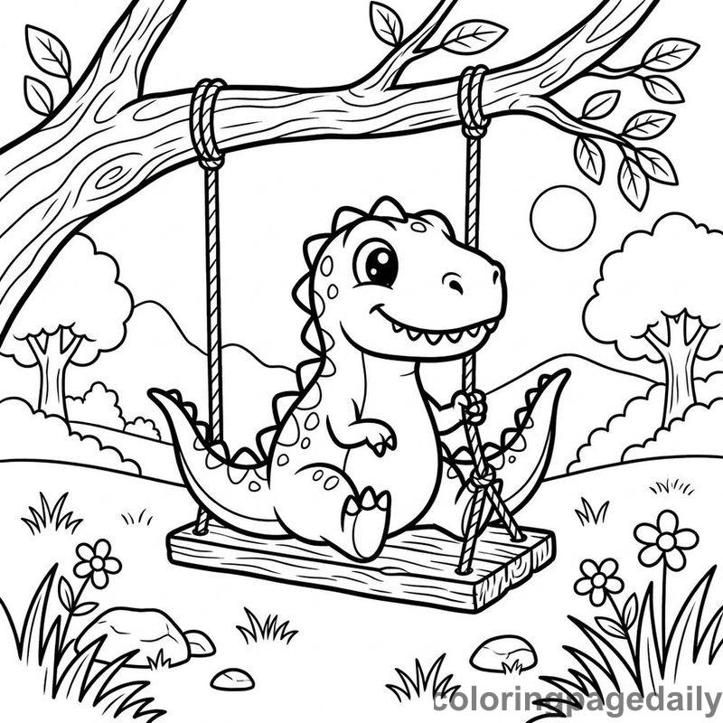 Baby T-Rex Swing - Daily printable coloring page in Dinosaur category
