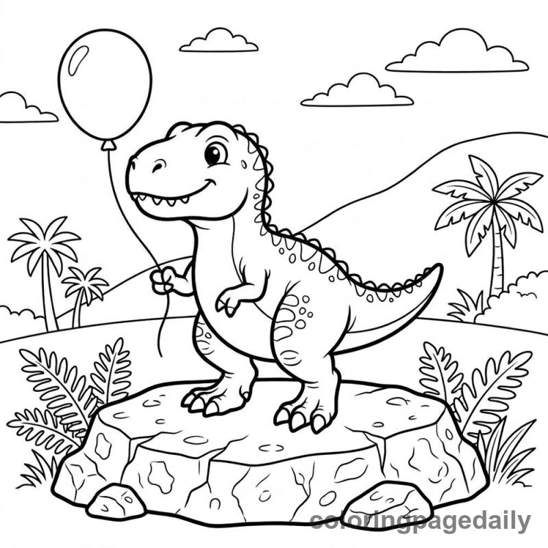 Baby T-Rex With Balloon - Daily printable coloring page in Dinosaur category