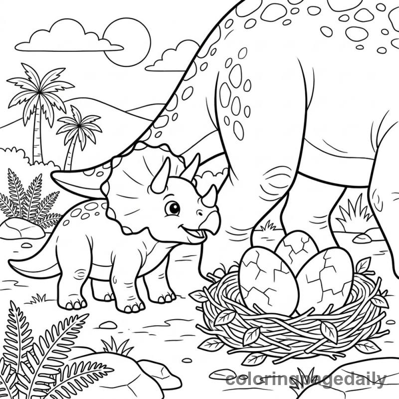Baby Triceratops and Dinosaur Eggs - Colored reference example