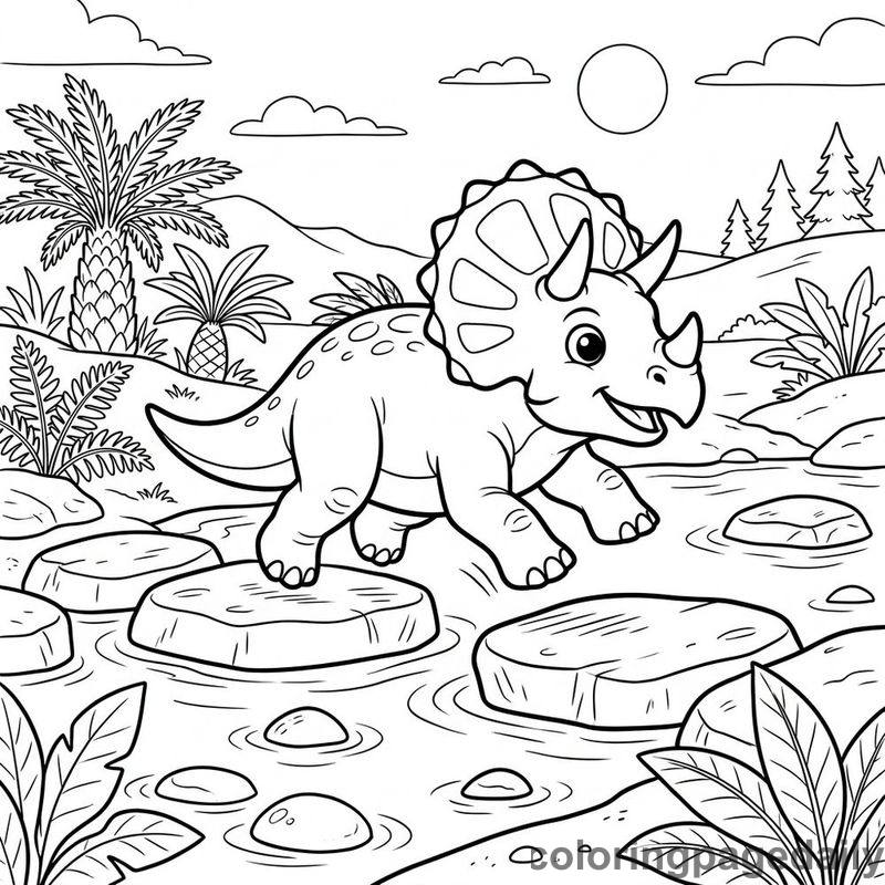Baby Triceratops Crossing Stream - Daily printable coloring page in Dinosaur category