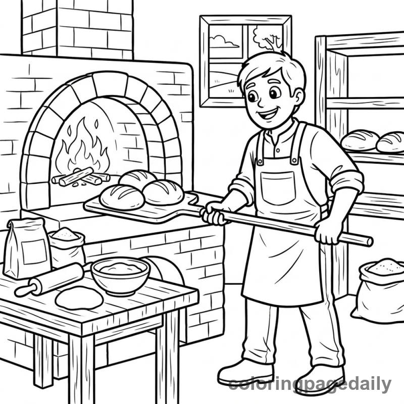 Baker Using Wooden Peel - Daily printable coloring page in Professions category