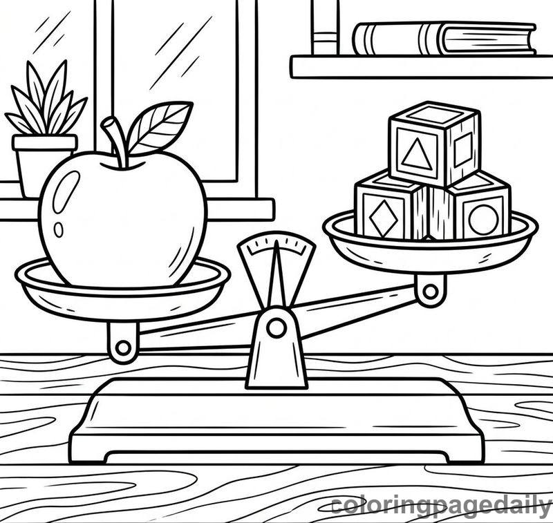 Balance Scale Weighing An Apple - Daily printable coloring page in Robots and STEM category