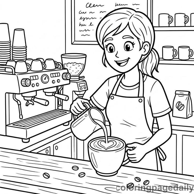 Barista Pouring Latte Art - Daily printable coloring page in Professions category