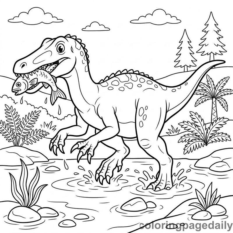 Baryonyx Catching Fish - Daily printable coloring page in Dinosaur category