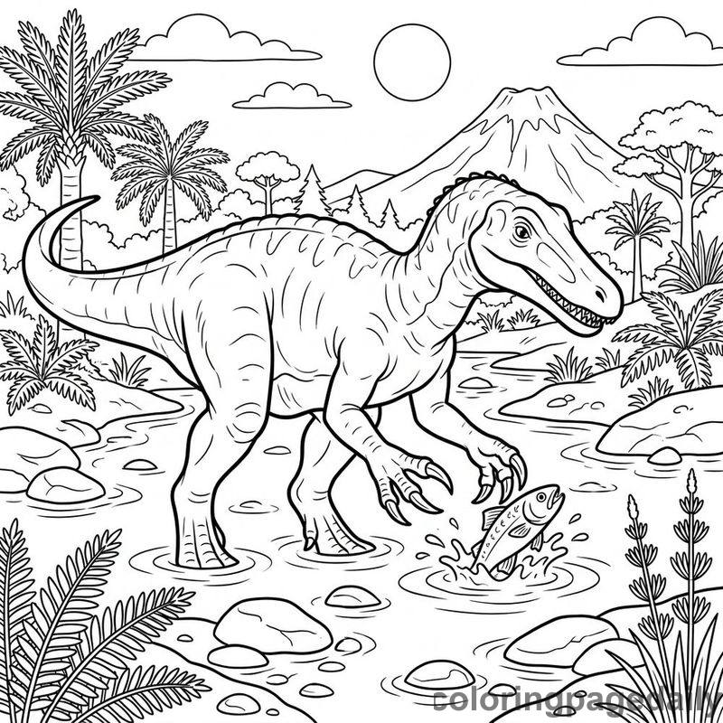 Baryonyx Catching River Fish - Daily printable coloring page in Dinosaur category