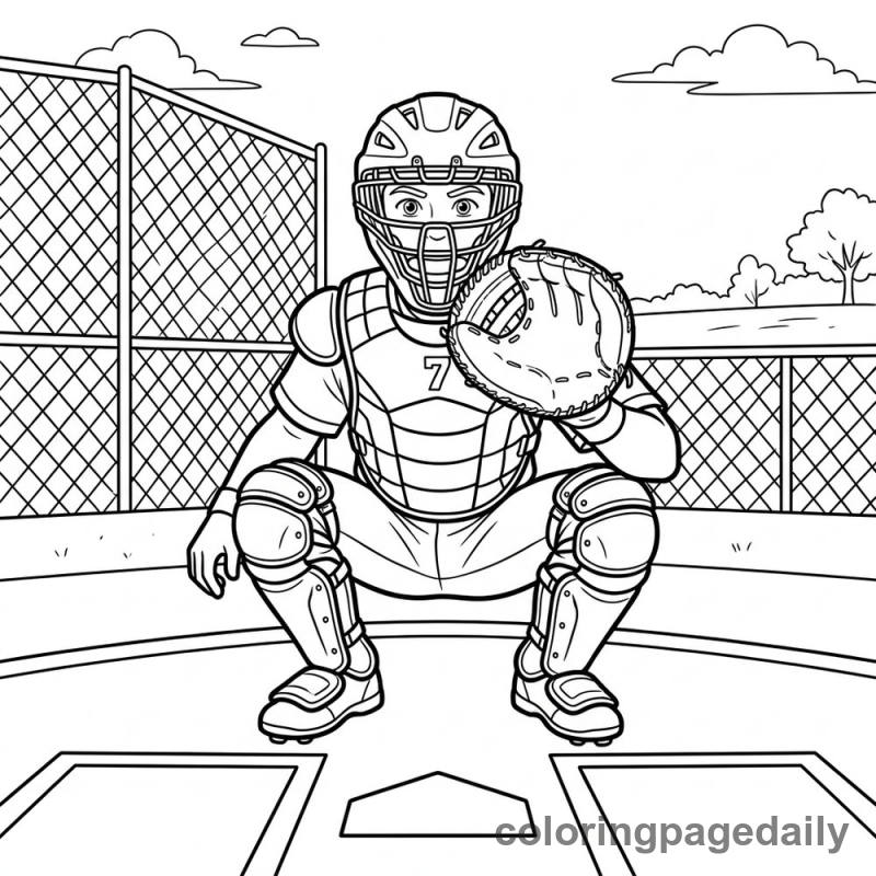 Baseball Catcher Ready Position - Daily printable coloring page in Sports category