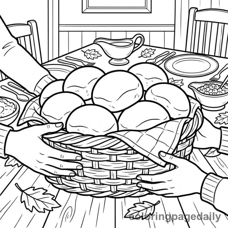 Basket of Dinner Rolls - Daily printable coloring page in Thanksgiving category