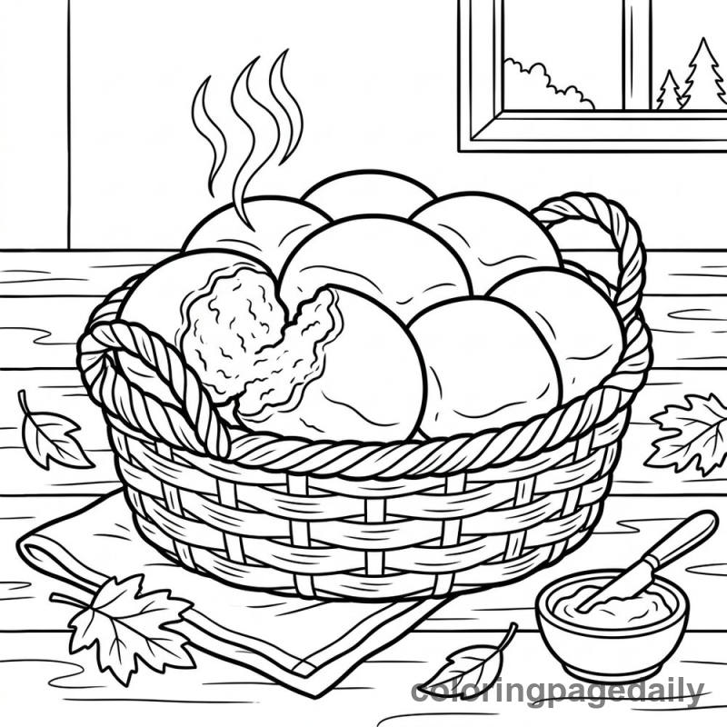 Basket of Warm Dinner Rolls - Daily printable coloring page in Thanksgiving category
