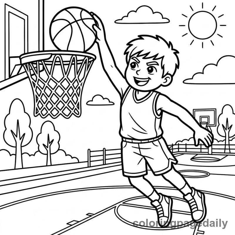 Basketball Slam Dunk - Daily printable coloring page in Sports category