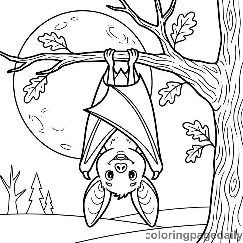 Bat Hanging From Oak Branch - Colored reference example