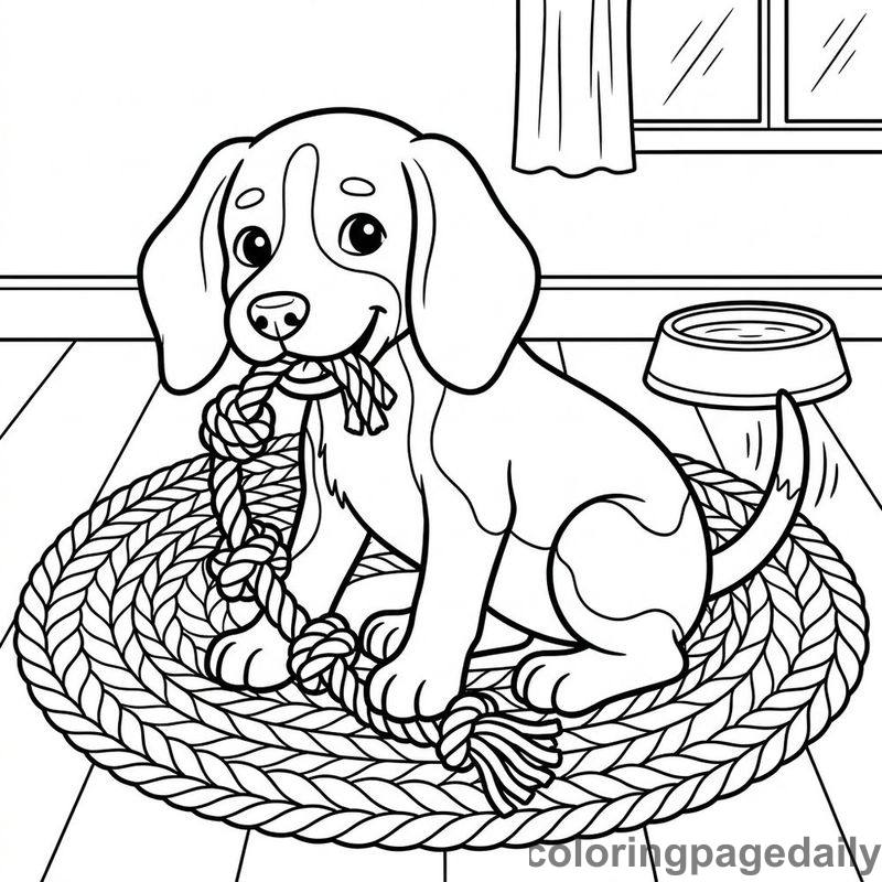 Beagle Puppy Chewing Rope Toy - Daily printable coloring page in Pets and Cute Companions category