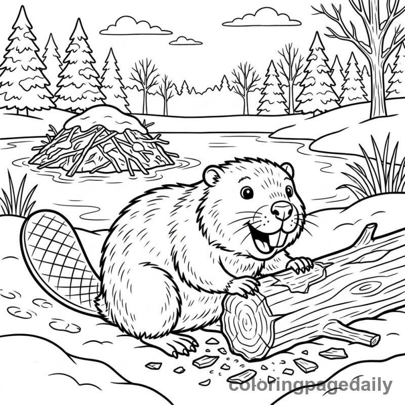 Beaver Chewing Winter Log - Daily printable coloring page in Winter and Snow Season category