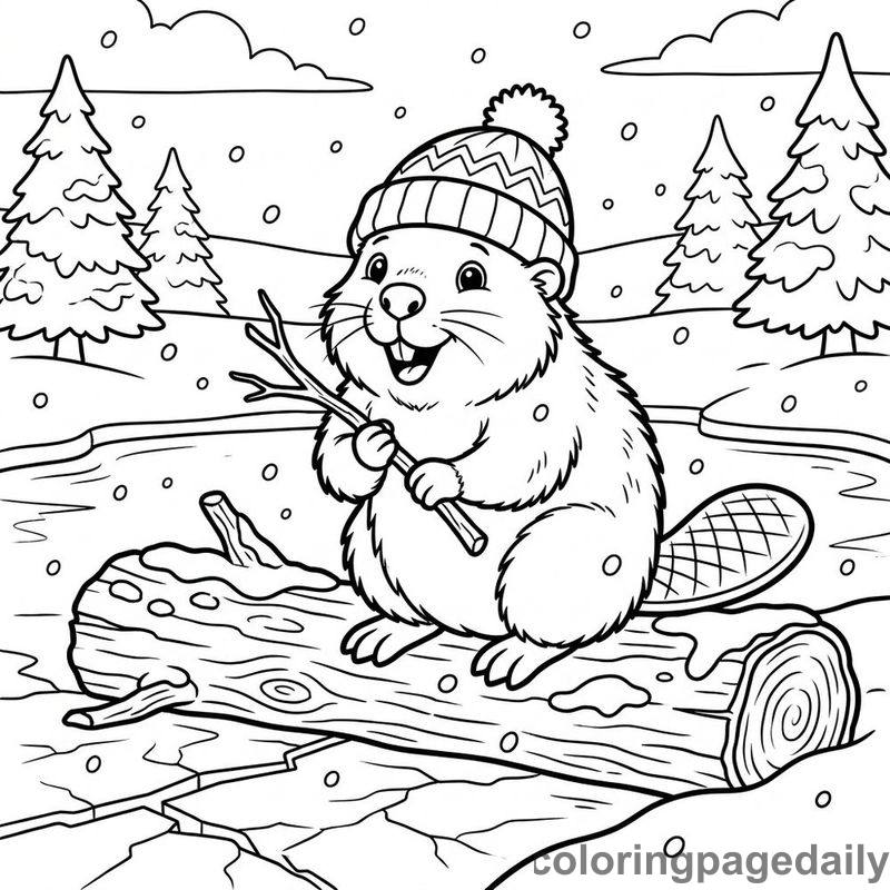 Beaver Wearing Winter Beanie - Daily printable coloring page in Winter and Snow Season category