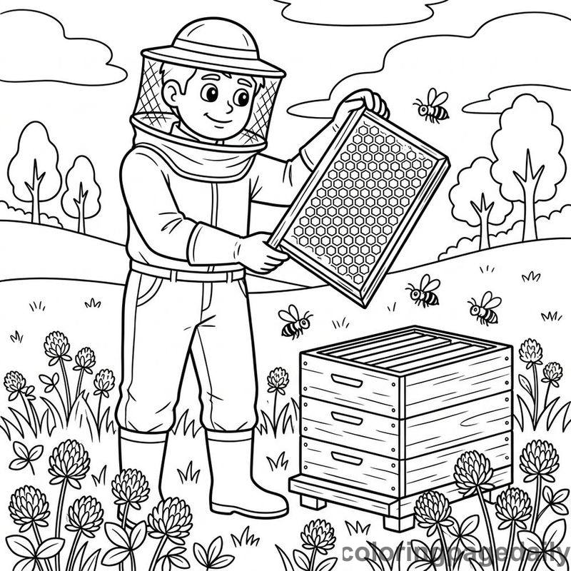 Beekeeper Inspecting Honeycomb - Daily printable coloring page in Professions category