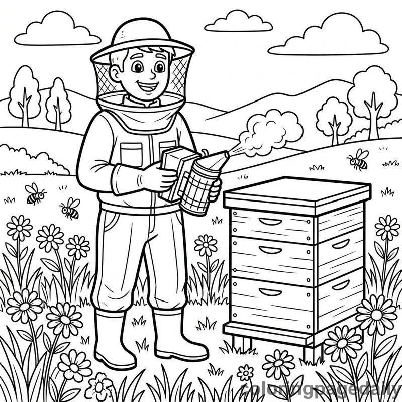 Beekeeper Using Smoker Tool - Colored reference example