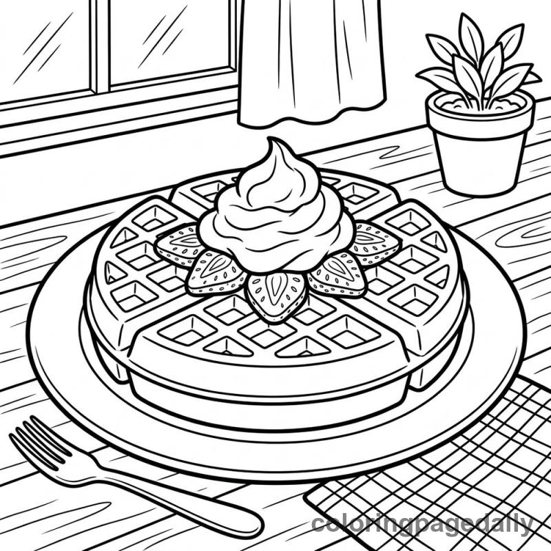 Belgian Waffle with Strawberries - Daily printable coloring page in Food category
