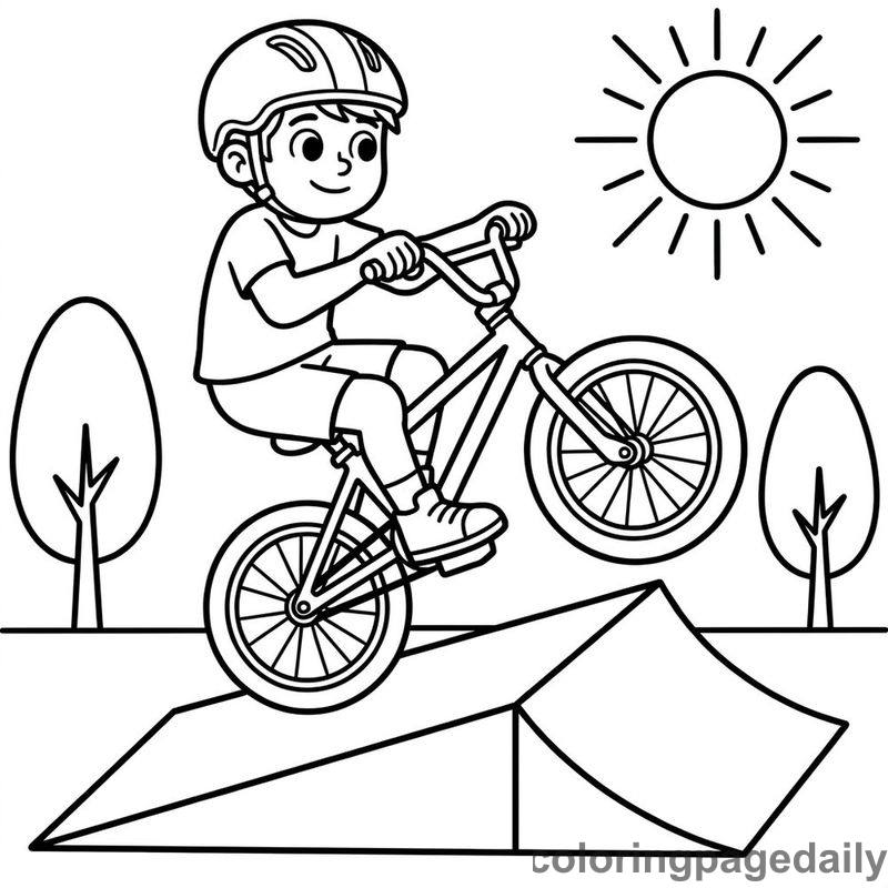 BMX Cyclist Wheelie Trick - Daily printable coloring page in Sports category