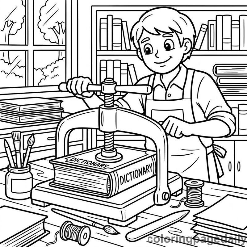Bookbinder Pressing A Dictionary - Daily printable coloring page in Professions category
