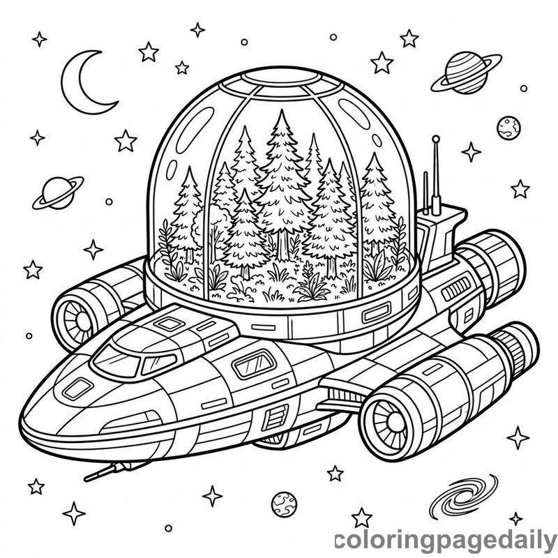 Botanical Observatory Spaceship Cruising - Daily printable coloring page in Space category