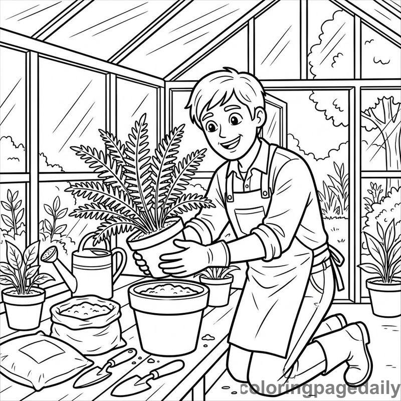 Botanist Repotting Giant Fern - Daily printable coloring page in Professions category