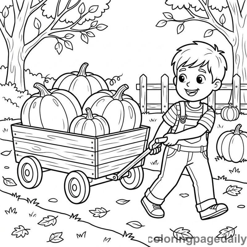 Boy Pulling Pumpkin Wagon - Daily printable coloring page in Halloween and Autumn category