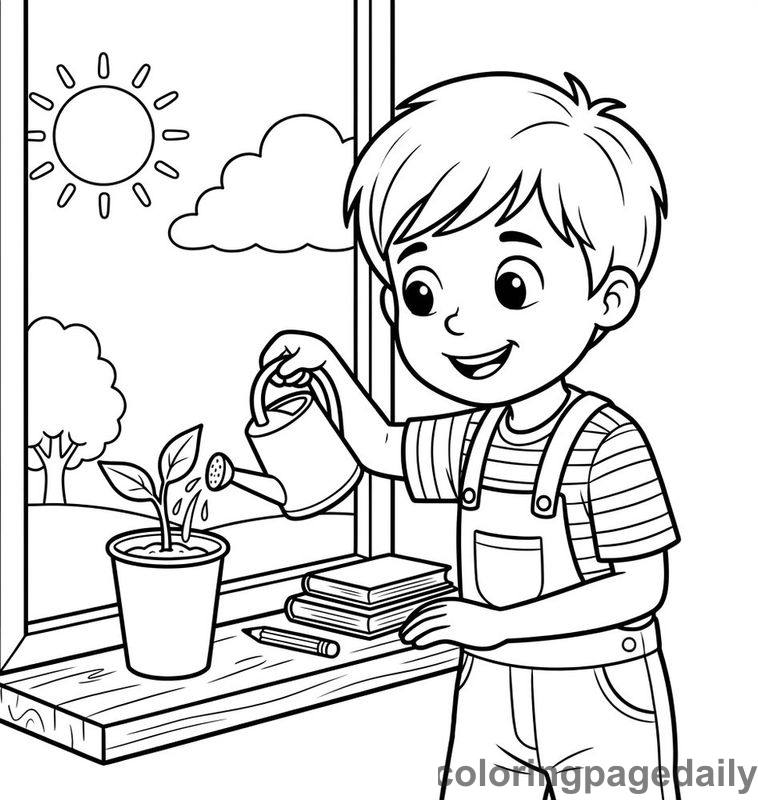 Boy Watering Plant Seedling - Colored reference example