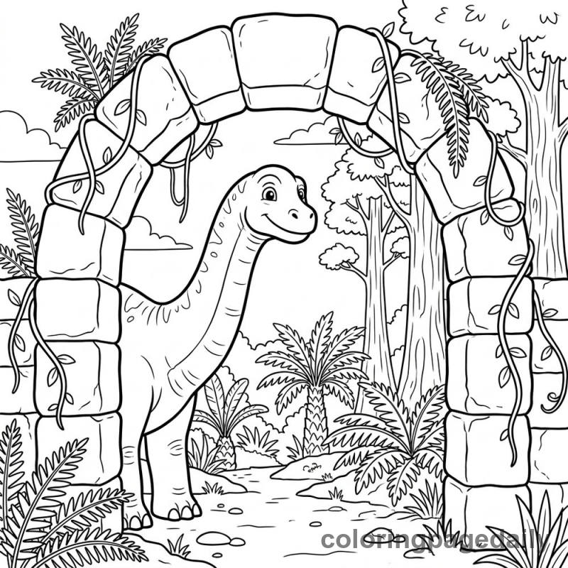 Brachiosaurus Peeking Through Archway - Daily printable coloring page in Dinosaur category