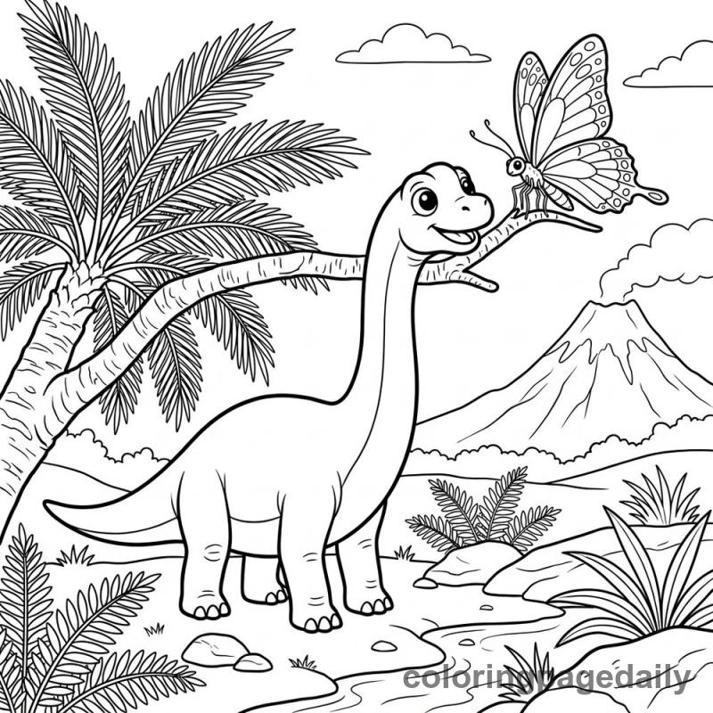 Brachiosaurus Watching Butterfly - Daily printable coloring page in Dinosaur category