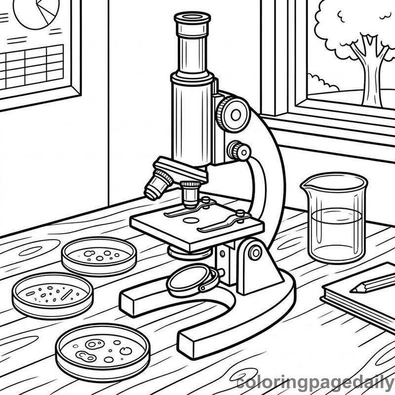 Brass Microscope And Petri Dishes - Daily printable coloring page in Robots and STEM category