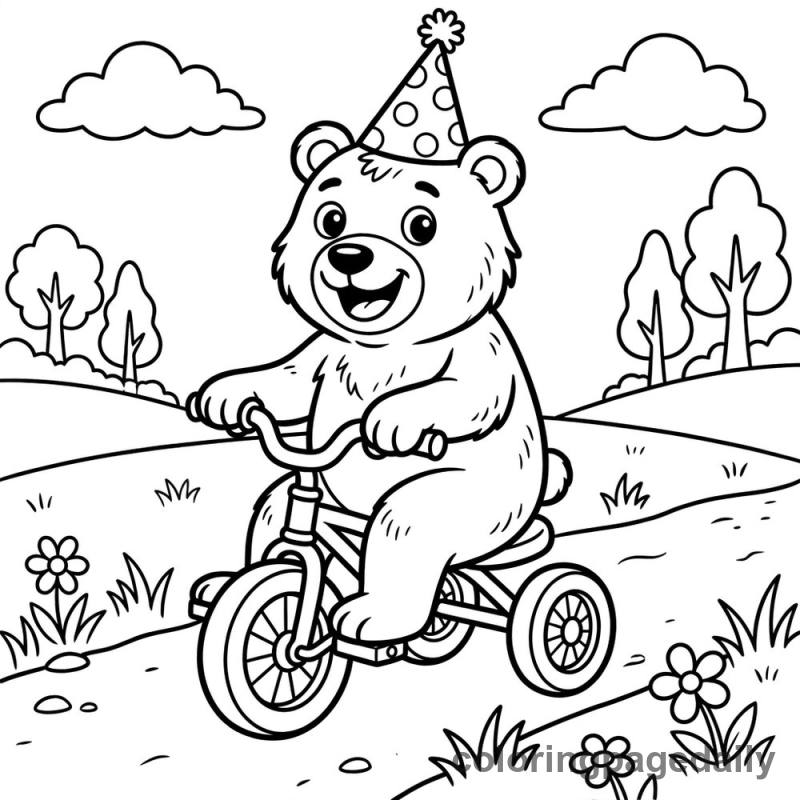 Brown Bear's Tricycle Ride - Daily printable coloring page in Animals category