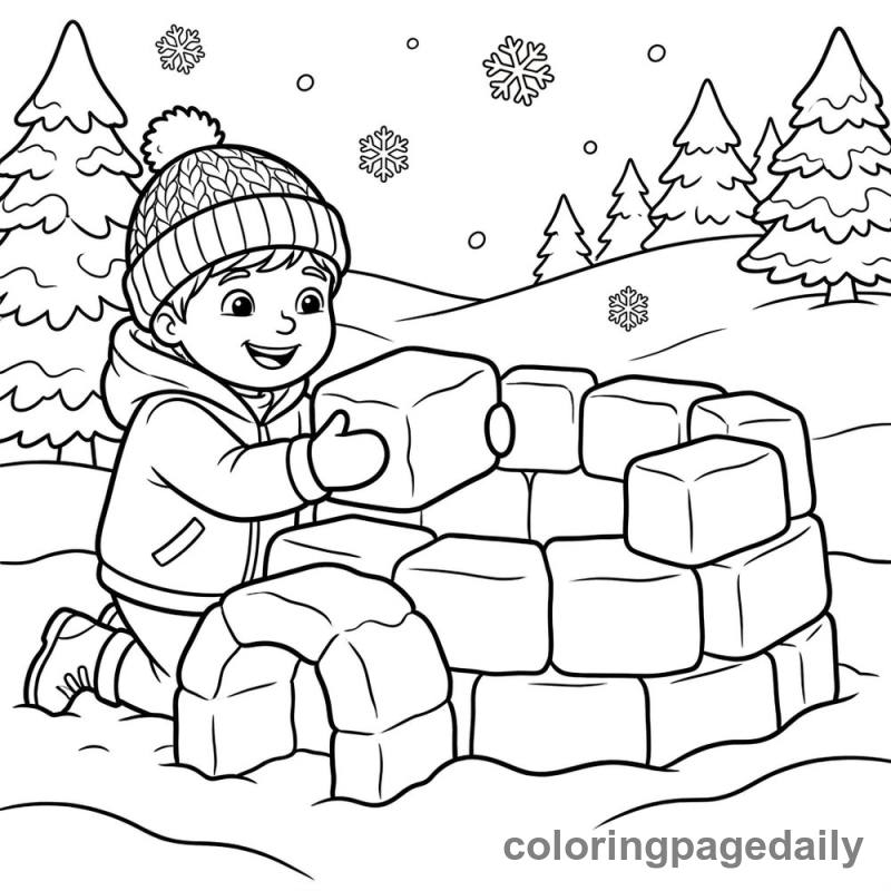 Building a Winter Snow Fort - Daily printable coloring page in Winter and Snow Season category
