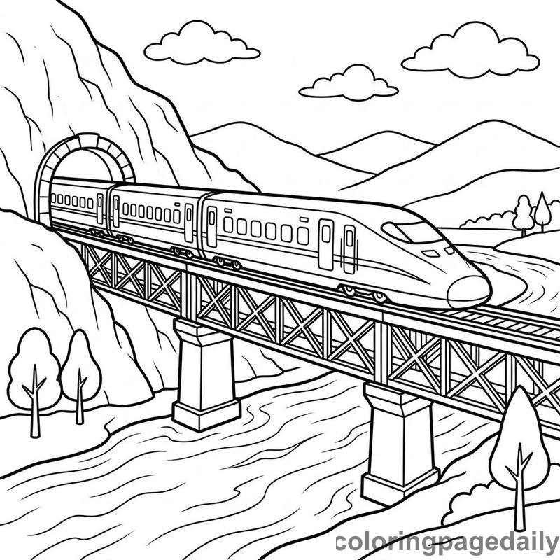 Bullet Train Crossing River Bridge - Colored reference example